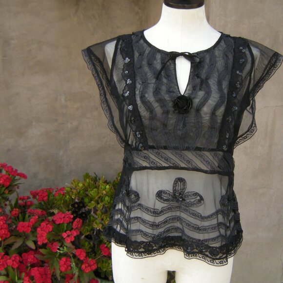 Upcycled One Of A Kind Black Sheer Sexy Top - MEDIUM - Picture 2 of 7